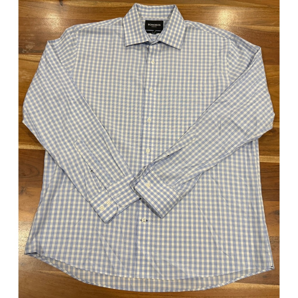 Bonobos Slim Fit Wrinkle-Free Gingham Dress Shirt Light Blue White Mens Large